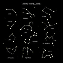 Zodiac constellation signs set isolated on black background