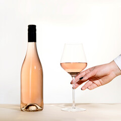 Young woman holding glass of rose wine on white background. Hand with black polish.