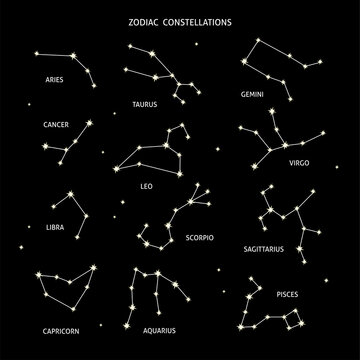 Zodiac constellation signs set isolated on black background