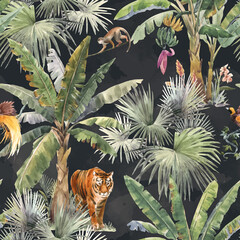 Beau modèle sans couture de vecteur avec des palmiers tropicaux aquarelles et un tigre animal de la jungle. Stock illustration.