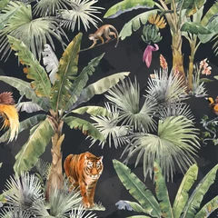 Wallpaper murals Tropical set 1 Beautiful vector seamless pattern with watercolor tropical palms and jungle animal tiger. Stock illustration.