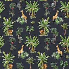 Beautiful vector seamless pattern with watercolor tropical palms and jungle animals tiger, giraffe, leopard. Stock illustration.