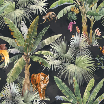 Beautiful vector seamless pattern with watercolor tropical palms and jungle animal tiger. Stock illustration.