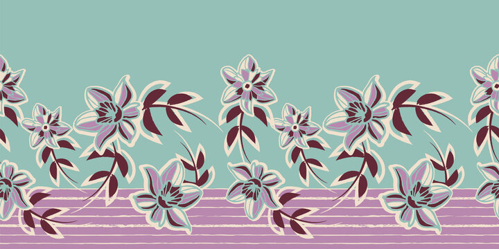 Vector violet mint floral striped seamless pattern