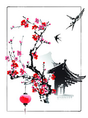 Blooming sakura branch. Swallows are circling over the roof of the house. Vector illustration in traditional Japanese style. © shark192009