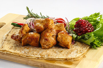 Chicken breast kebab shashlik served salad