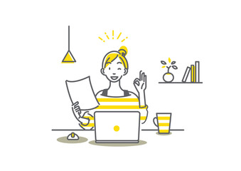 自宅で快適にテレワークする若い女性シンプルでお洒落な線画イラスト