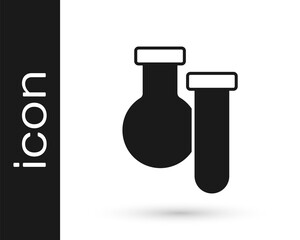 Black Test tube and flask chemical laboratory test icon isolated on white background. Laboratory glassware sign. Vector