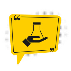Black Test tube and flask chemical laboratory test icon isolated on white background. Laboratory glassware sign. Yellow speech bubble symbol. Vector
