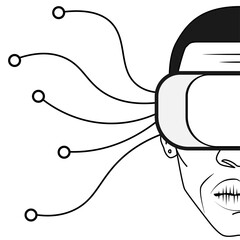 Man wearing modern 3d glasses african american guy experiencing virtual reality through headset vision vr digital technology concept male black and white character.