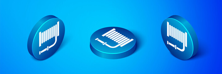 Isometric Fire hose reel icon isolated on blue background. Blue circle button. Vector
