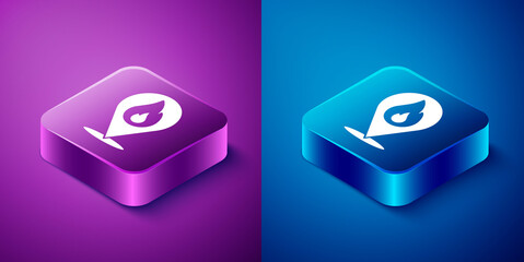 Isometric Map pointer with fire flame icon isolated on blue and purple background. Fire nearby. Square button. Vector