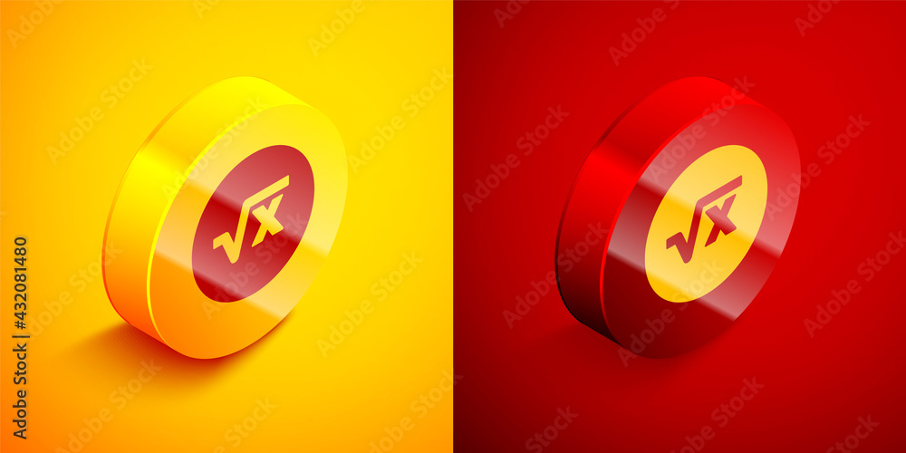 Poster isometric square root of x glyph icon isolated on orange and red background. mathematical expression