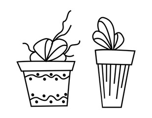 A set of festive gift boxes decorated with bows. Contour hand drawn illustration in doodle style. Graphic design element for advertising, flyer, poster, postcard, online store. Vector