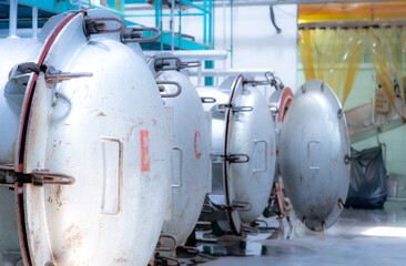 High pressure processing or high hydrostatic pressure machine for food product. Metal tank in food...