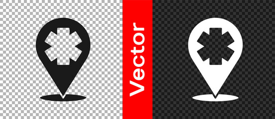 Black Medical map pointer with cross hospital icon isolated on transparent background. Vector