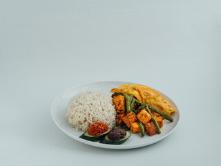 Nasi Lemak Asian Coconut Rice with Side Dishes Tofu Cubes Long Beans Rendang Tapai and Egg and Sambal Chilli