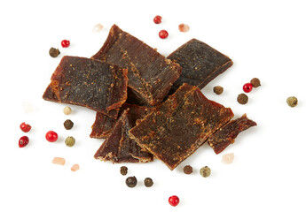 Beef jerky isolated on white background. Dried meat.