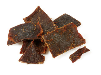 Beef jerky isolated on white background. Dried meat.