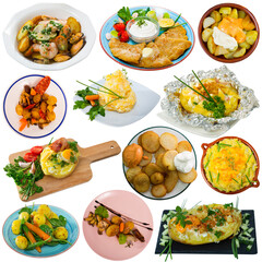 Assorted potato dishes on a white background. High quality photo