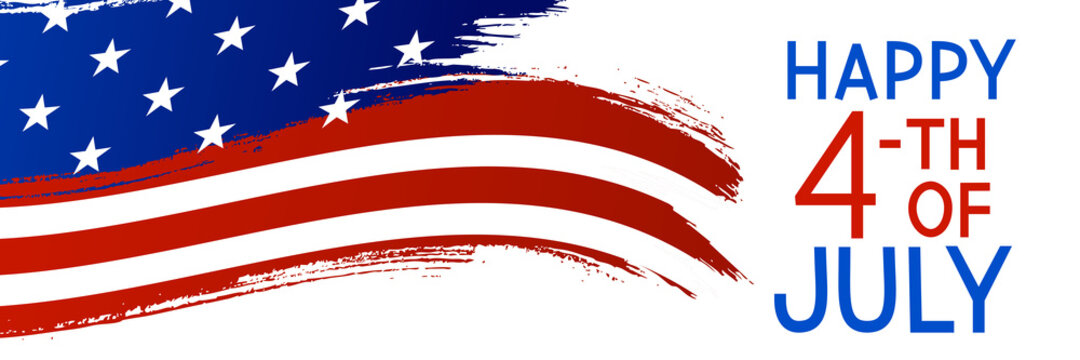Independence day horizontal panoramic banner with American flag sketch on white background