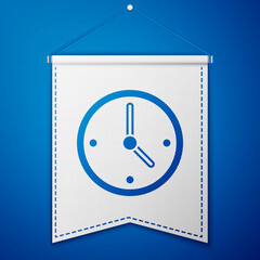 Blue Clock icon isolated on blue background. Time symbol. White pennant template. Vector