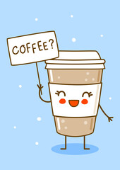 Cute coffee cup with banner on blue background - cartoon character for coffee to go
