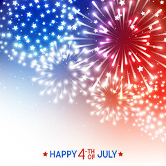 Independence day greeting card with shiny fireworks onblue and red background