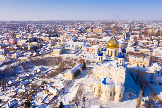 Scenic aerial view of main Orthodox church in Russian city of Yelets, five domed Ascension Cathedral on sunny winter day