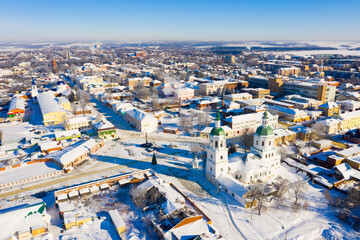 Picturesque aerial view of snow covered Zaraysk cityscape overlooking Trinity Church on sunny winter day, Moscow Oblast, Russia