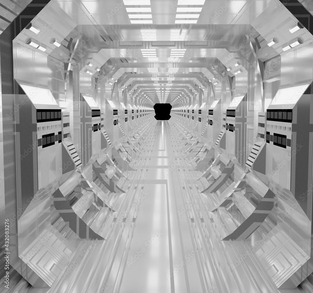 Poster futuristic sci-fi tunnel walkway with beautiful reflective abstract 3d rendering