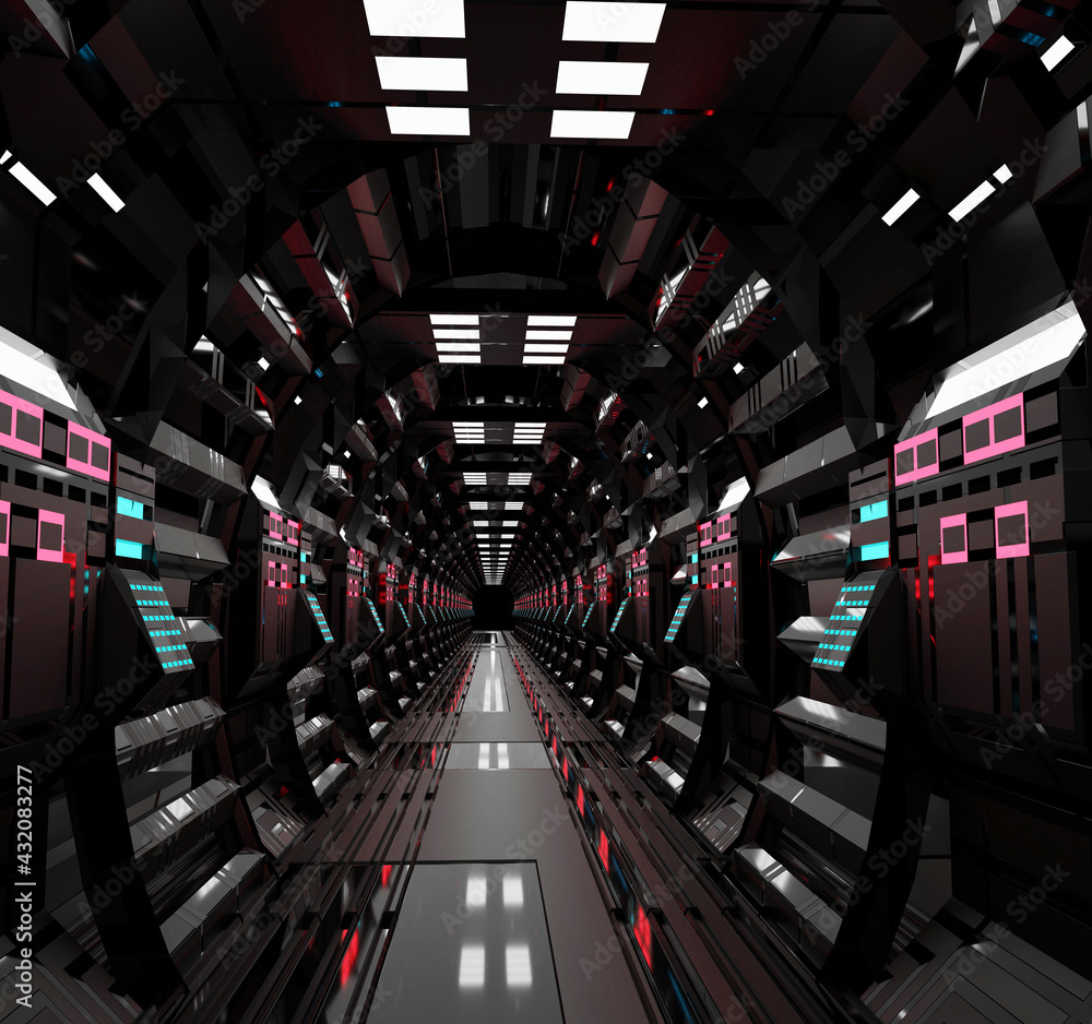 Poster futuristic sci-fi tunnel walkway with beautiful reflective abstract 3d rendering
