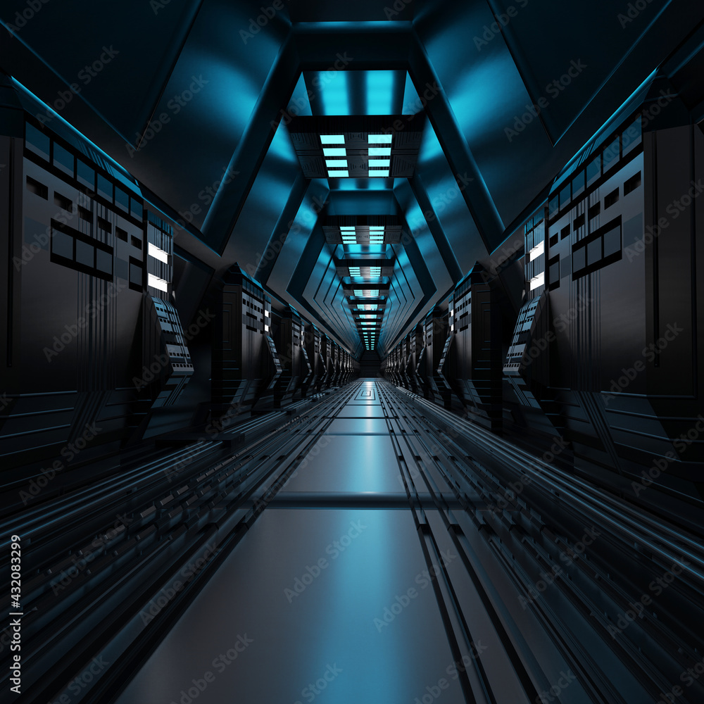 Poster futuristic sci-fi tunnel walkway with beautiful reflective abstract 3d rendering