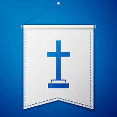 Blue Grave with cross icon isolated on blue background. White pennant template. Vector