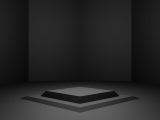 3D rendered black geometric product stand. Dark background.