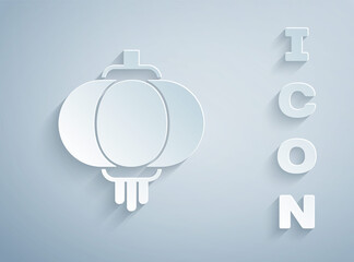 Paper cut Chinese paper lantern icon isolated on grey background. Paper art style. Vector