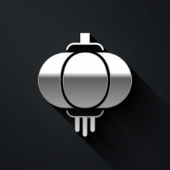 Silver Chinese paper lantern icon isolated on black background. Long shadow style. Vector