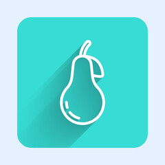 White line Pear icon isolated with long shadow. Fruit with leaf symbol. Green square button. Vector