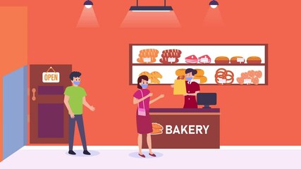 Two customers in face mask queuing to buying bread