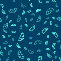 Green line Watermelon icon isolated seamless pattern on blue background. Vector
