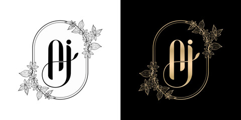 illustration of floral frame for AJ or AI initial letter and graphic name, Monogram, for Wedding couple symbolic, company and icon business, with two colors variation designs monochrome and golds.