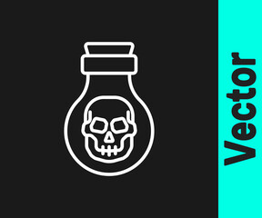 White line Poison in bottle icon isolated on black background. Bottle of poison or poisonous chemical toxin. Vector