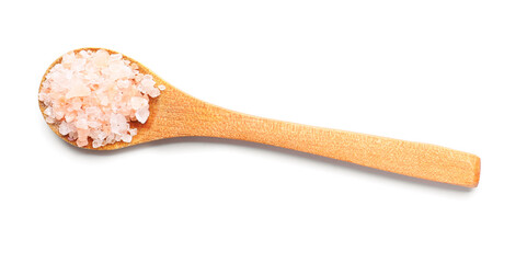Spoon with salt on white background