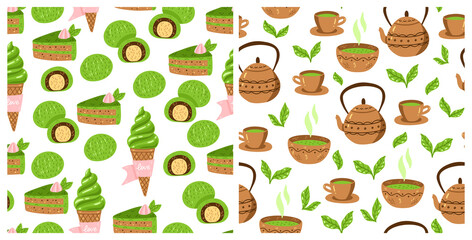 Matcha green tea pattern set. Seamless japanese culture pattern collection with Matcha powder, bowl, teapot and cupcake. Vector illustration. Drink ceremony print for fabric, packaging.