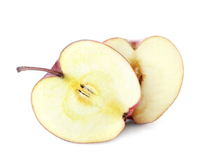 Pieces of fresh red apple on white background