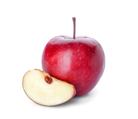 Fresh red apple with piece on white background