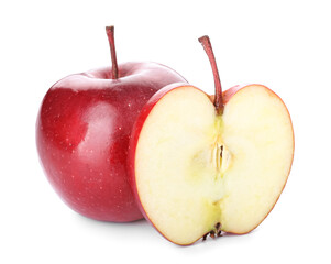 Fresh red apple with piece on white background