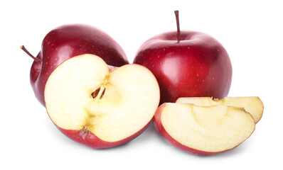 Fresh red apples with pieces on white background