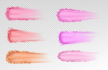 Dry powder, skin foundation smears, eye shadows brush strokes broken texture. Beauty make up cosmetics product swatch, smudge trace samples isolated on transparent background. Realistic 3d vector set - obrazy, fototapety, plakaty