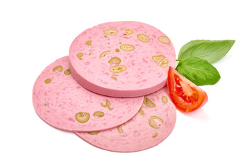 Spanish sausage slices with olives, traditional smoked sausage, close-up, isolated on white background. High resolution image